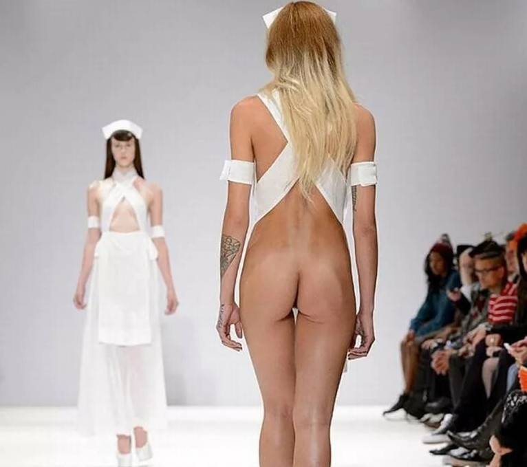 Naked fashion model on the catwalk